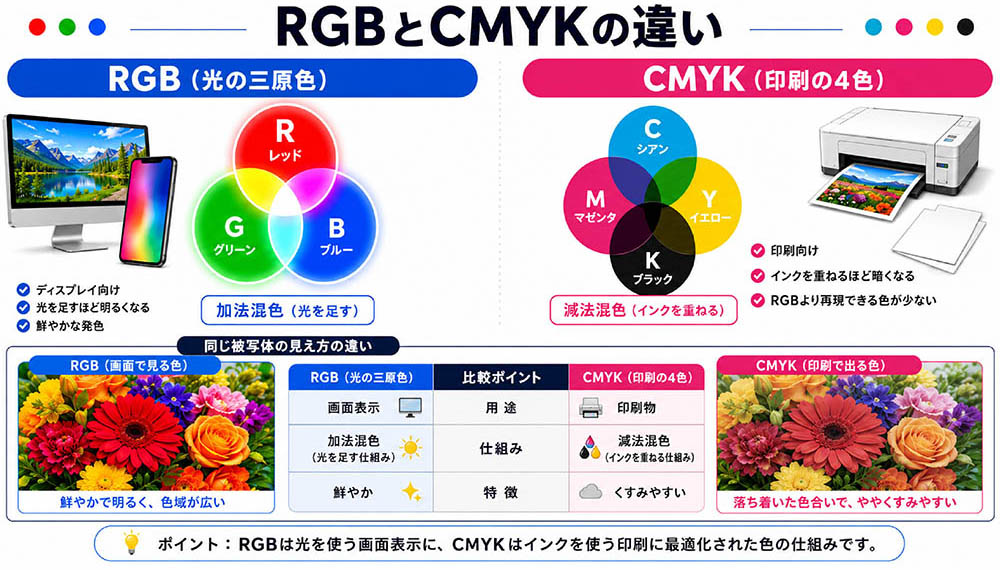 カラーモードが「RGB」のままで、印刷すると色がくすむ